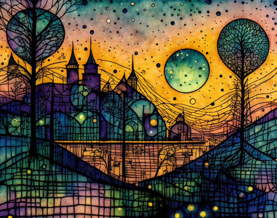 Whimsical cityscape watercolor painting with illuminated buildings