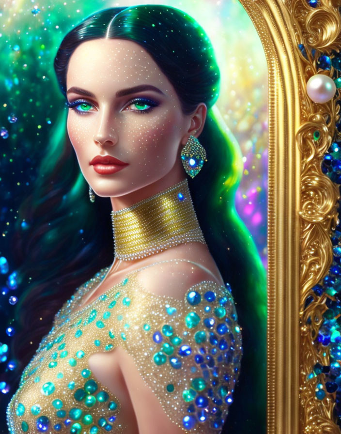 Digital art portrait of woman with dark hair and green eyes in bejeweled gold dress against abstract