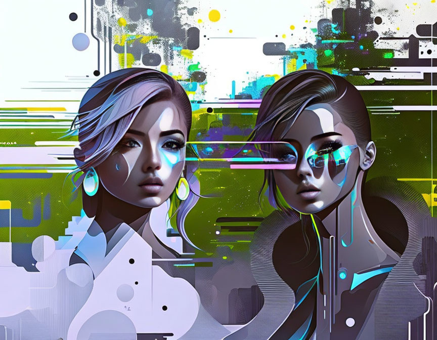 Abstract digital art: Stylized female figures with futuristic visors in vibrant colors