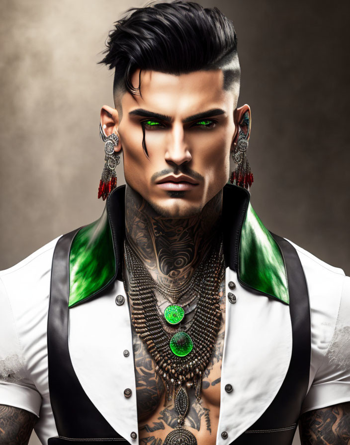 Male figure with dark hair, tattoos, green eyes, and dramatic makeup posing with jewelry.