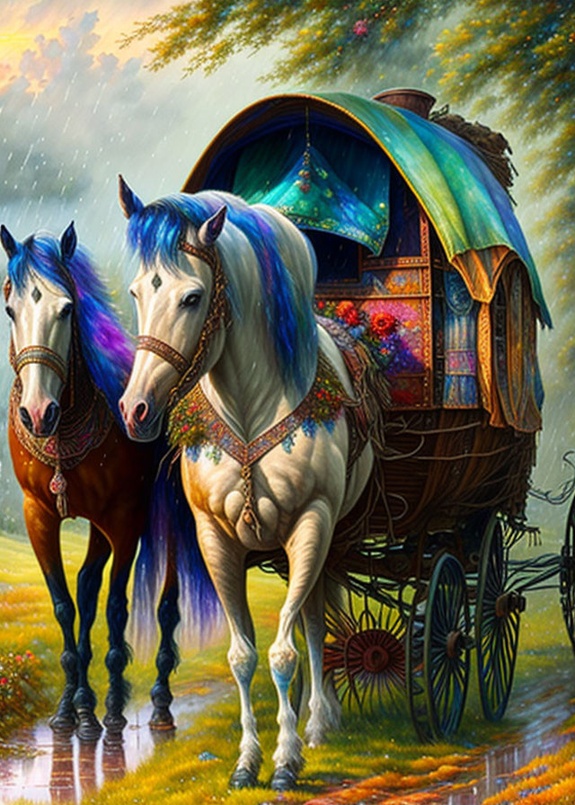 Colorful painting: Two horses pulling caravan in rain shower.