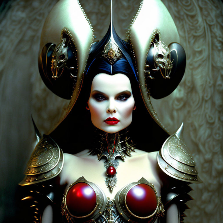 Elaborate fantasy costume with horned headdress and metallic armor elements