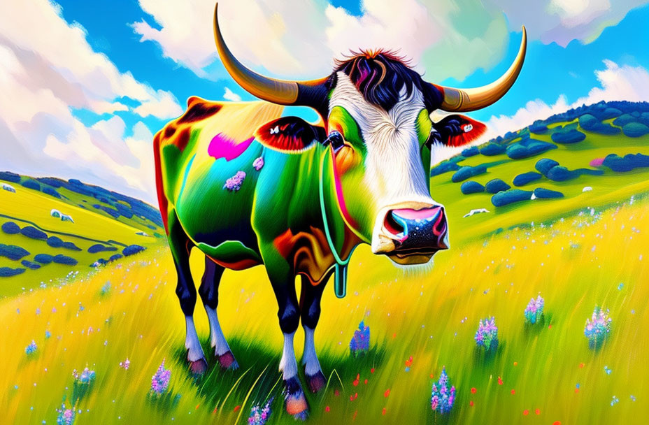 Colorful Cow with Psychedelic Patterns Grazing in Lush Field