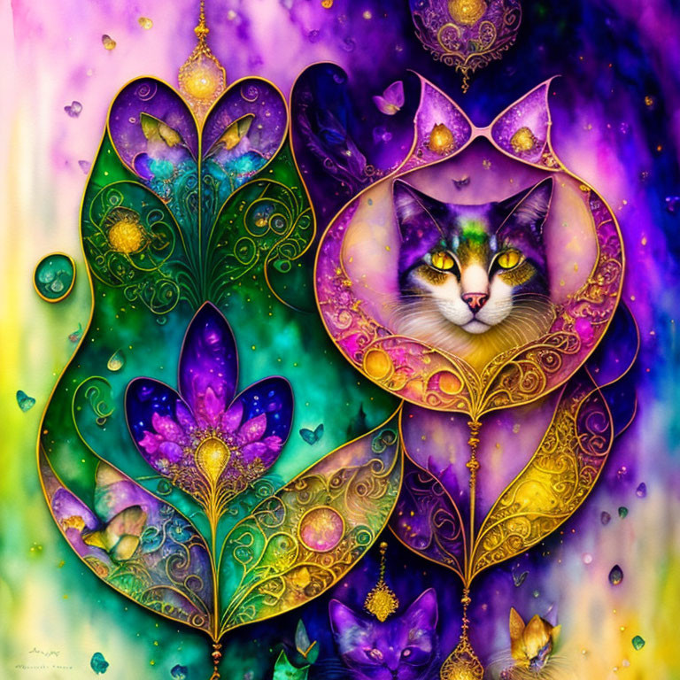 Colorful whimsical cat face surrounded by vibrant floral patterns and cosmic background