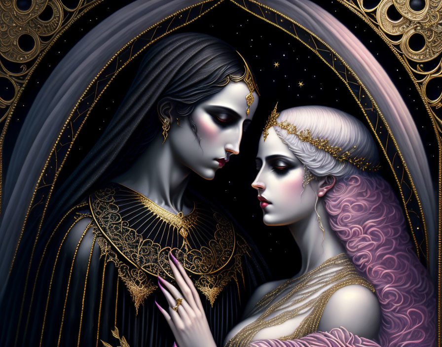 Stylized women with ornate headdresses in cosmic setting, one dark-themed and one light-themed