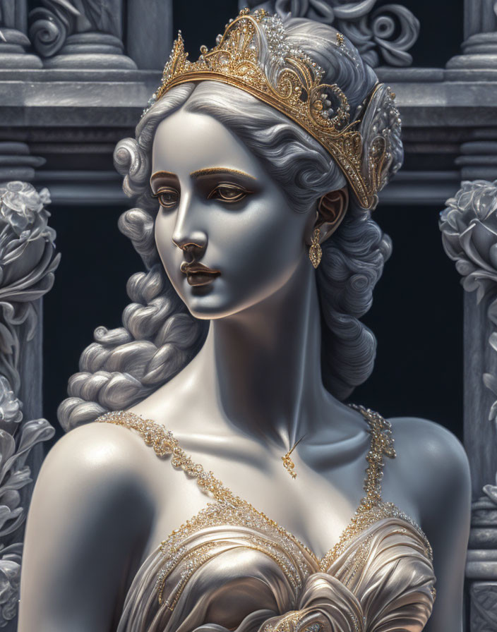 Intricate regal statue of a woman with crown and gold jewelry