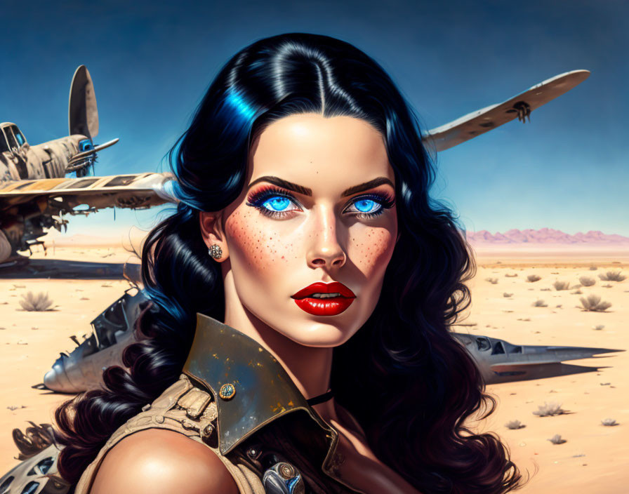 Woman with Blue Eyes and Black Hair in Military Outfit with Vintage Plane Wreck Illustration