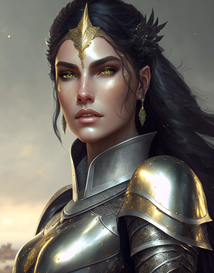 Fantasy female warrior digital artwork with black hair and golden armor