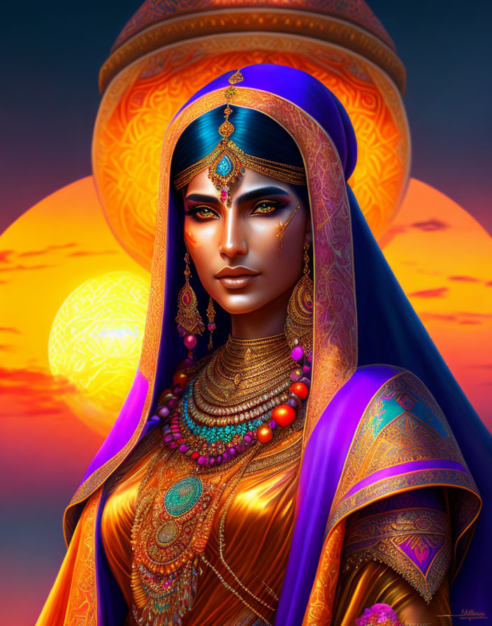 Digital Illustration: Woman in Traditional Indian Attire Against Sunset Sky