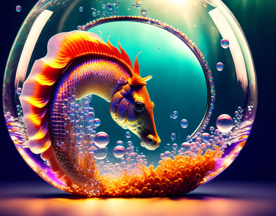 Colorful Fish Swimming in Glass Bowl with Bubbles and Coral Decoration