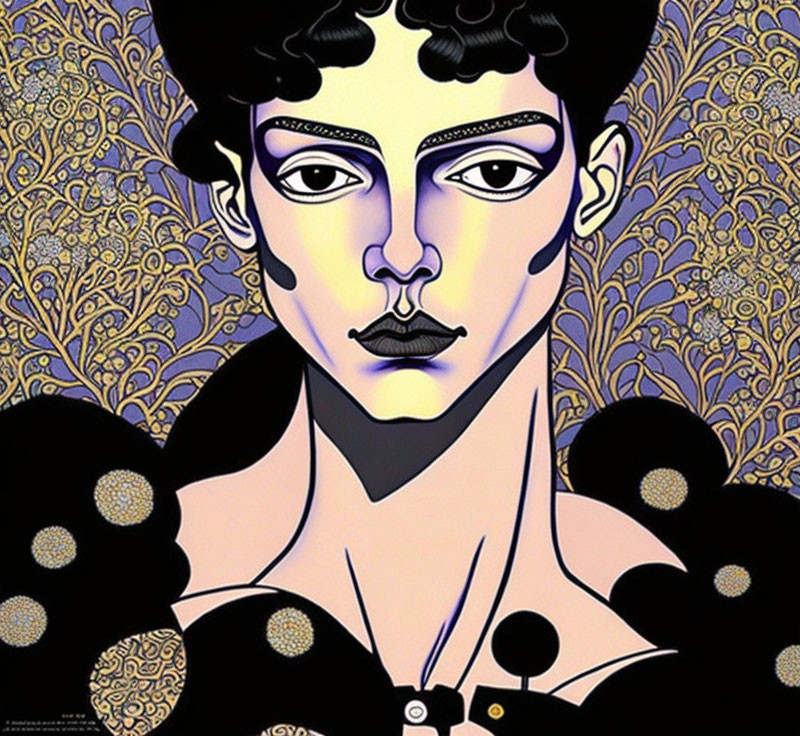 Stylized portrait of person with dark hair and piercing gaze on golden patterned background.