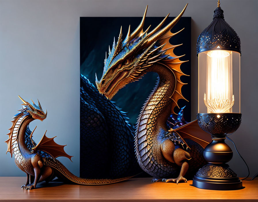 Dragon sculpture and canvas art with lantern on desk