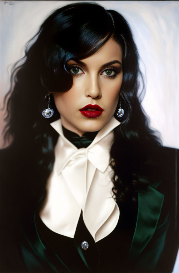 Black-haired woman in red lipstick, black outfit, white collar, and sparkling earrings