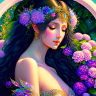 Detailed illustration of woman with dark hair and floral jewelry on vibrant backdrop.