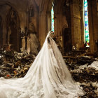 Bride in lace gown and veil in church aisle with petals and stained glass