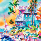 Colorful Tropical Beach House Artwork with Palm Trees and Blue Sea