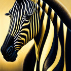 Close-up of a zebra with black and gold stripes on golden background