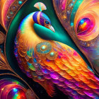 Colorful Peacock Artwork with Cosmic Background in Blue, Gold, and Orange