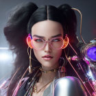 Futuristic female android with neon glasses and high-tech robotic body