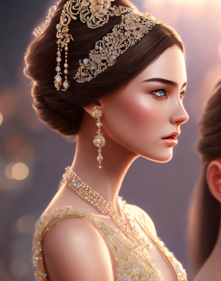 Detailed Golden Headpiece and Gold-Beaded Dress on Elegant Woman