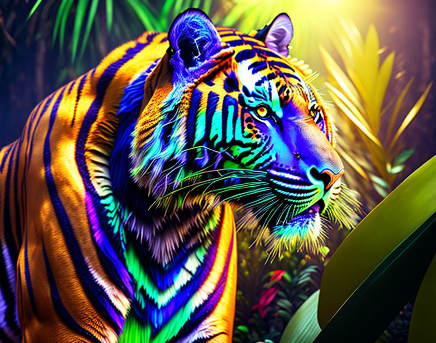 Colorful Tiger Artwork in Neon Tones Amid Tropical Foliage