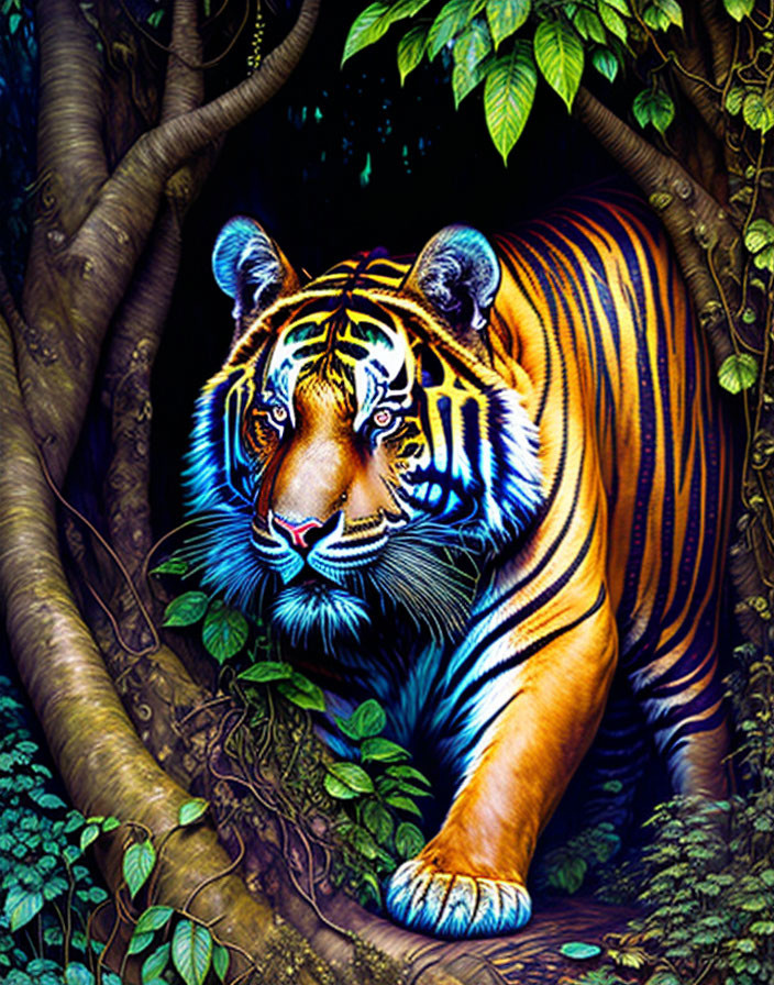 Colorful tiger in dense jungle with intense gaze and striking stripes