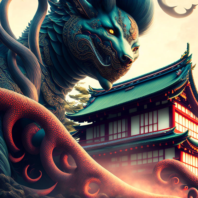 Blue dragon and Asian pagoda under dramatic sky