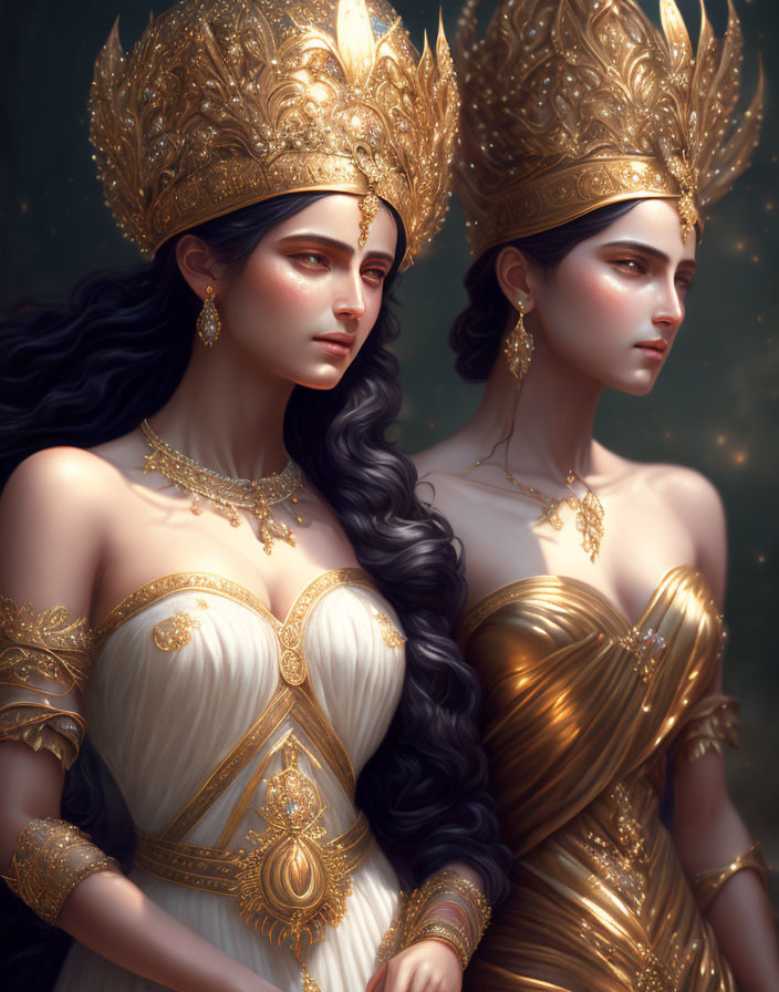 Women in regal attire with golden crowns and jewelry, one in white dress and the other in