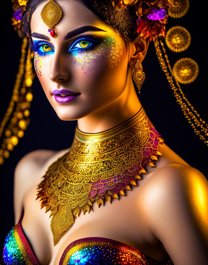 Vibrant makeup and golden jewelry on a woman against dark background