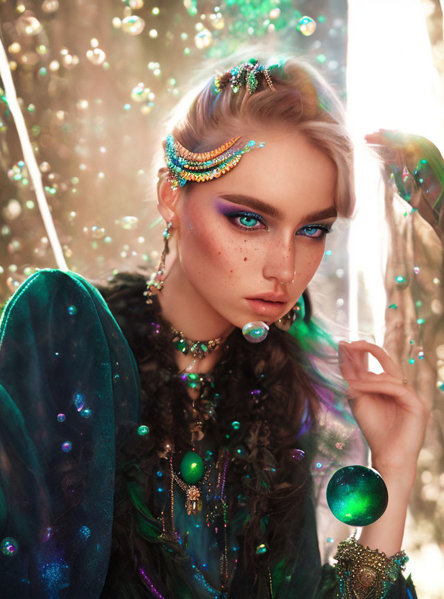 Artistic makeup with jewel tones, sparkling adornments, and vibrant green motifs.