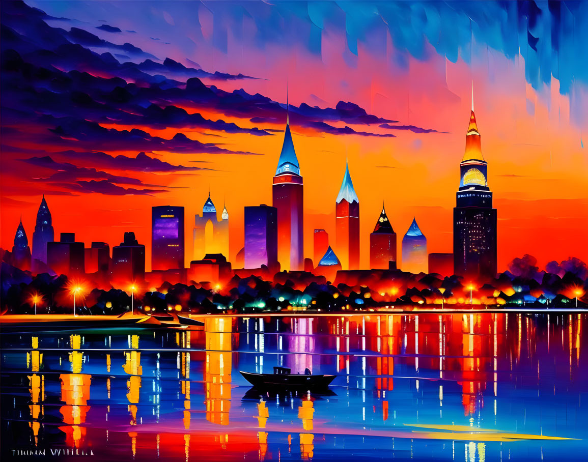 Colorful Cityscape at Dusk: Skyscrapers, Sunset Sky, Water Reflections