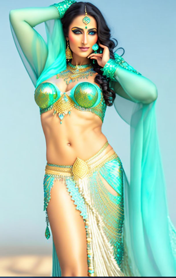 Ornate belly dance costume with turquoise and gold embellishments