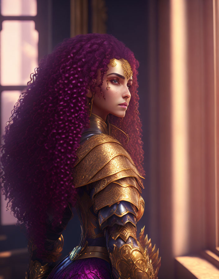 Curly Haired Woman in Gold Armor Contemplating in Warm Setting