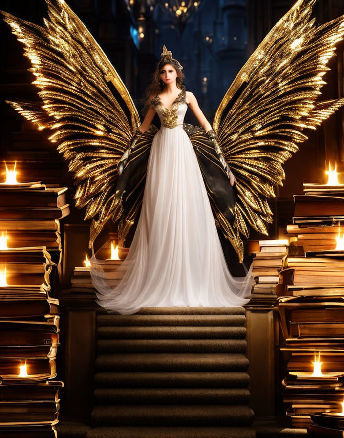 Woman in White and Gold Dress with Illuminated Wings on Staircase with Books