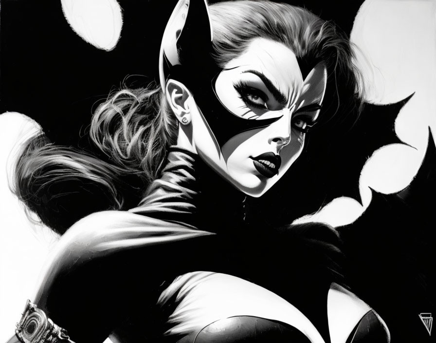 Stylized monochrome artwork of a confident female figure in cat-themed costume