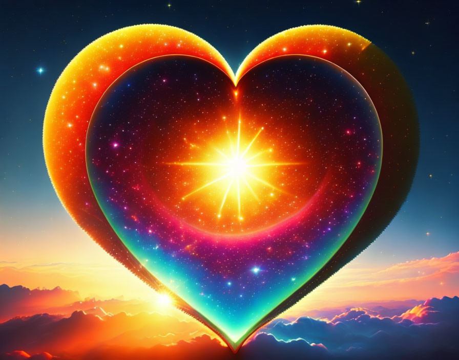 Vibrant cosmic heart with star center against sunrise backdrop