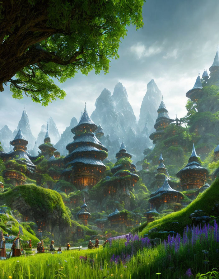 Mystical landscape with mountains, pagodas, and purple flowers