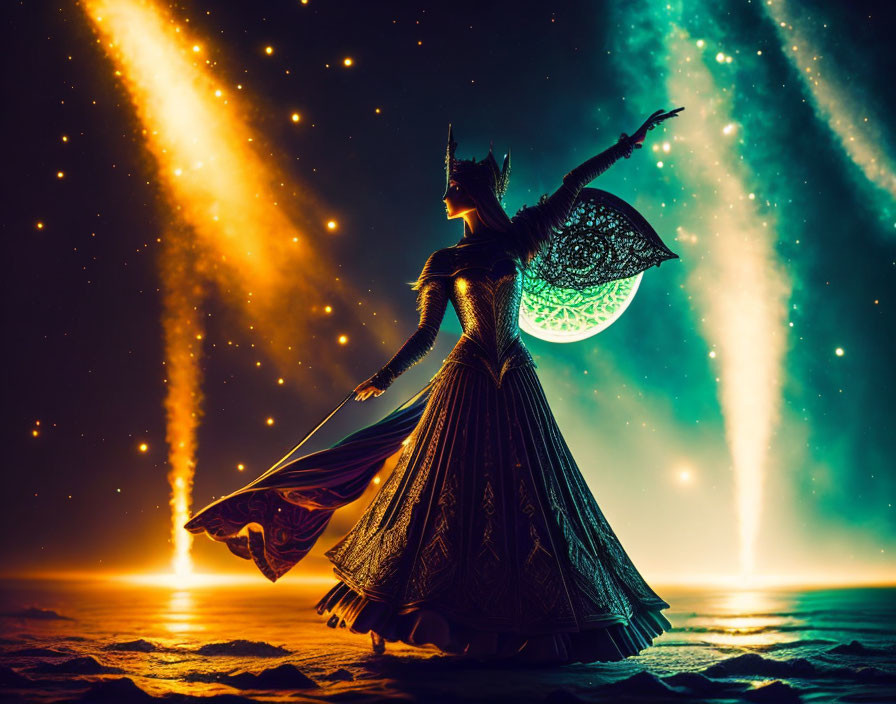 Majestic figure in ornate costume under starry night sky with ethereal green aurora