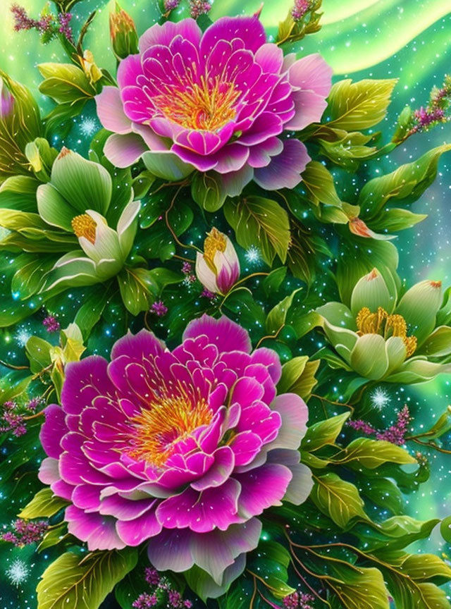 Vibrant digital art: Pink peonies with yellow centers