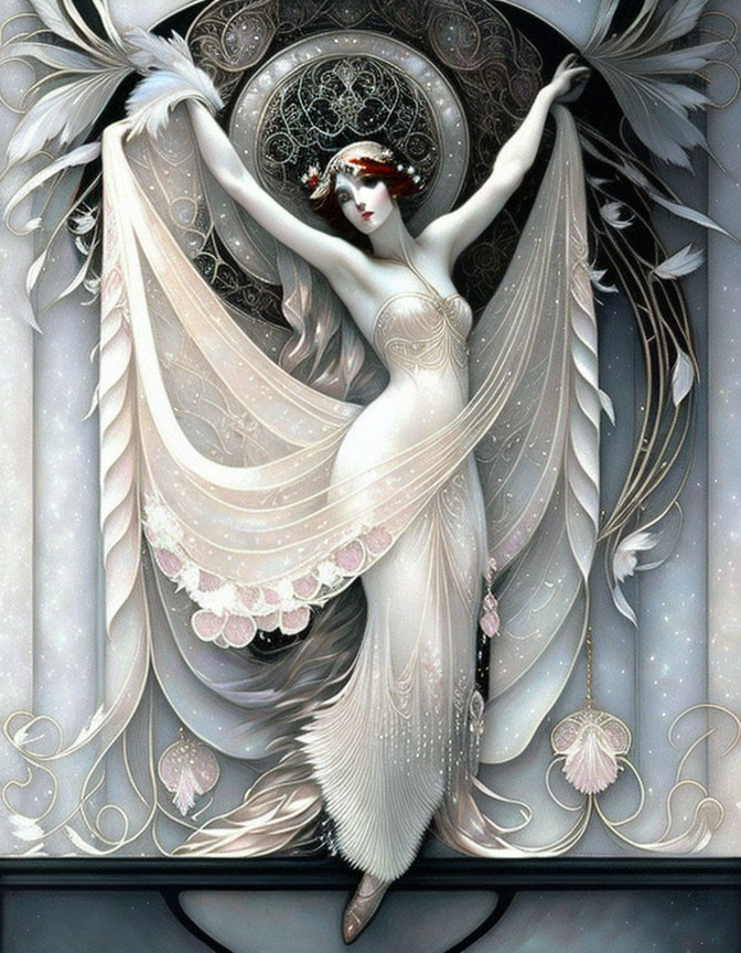 Ethereal white figure with angelic features and art nouveau style