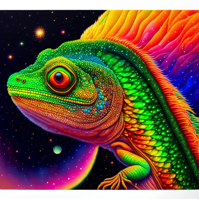 Multicolored chameleon in surreal cosmic scene