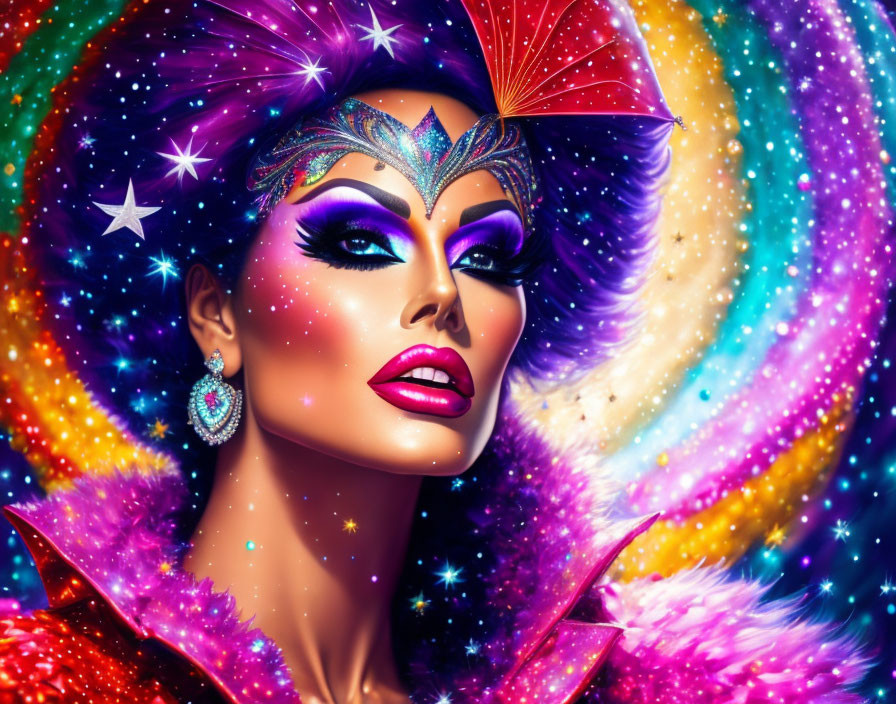 Colorful cosmic-themed illustration with dramatic makeup and vibrant stars.