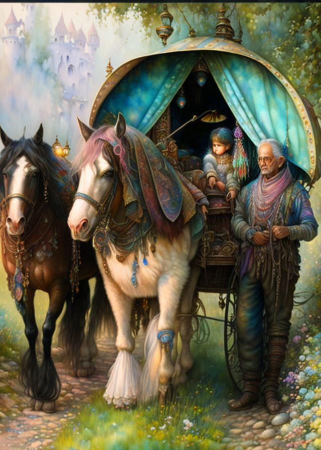 Elderly man and child in ornate caravan in fairy-tale landscape