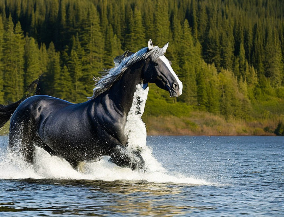 Majestic black horse galloping in water with lush forest backdrop