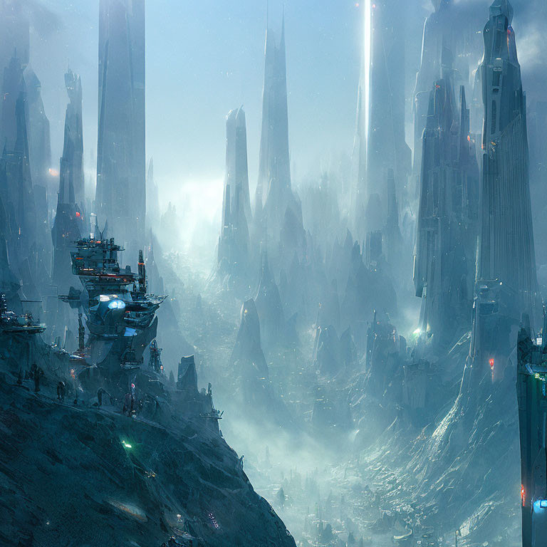 Futuristic cityscape with towering spires and flying vessels amid misty rock formations