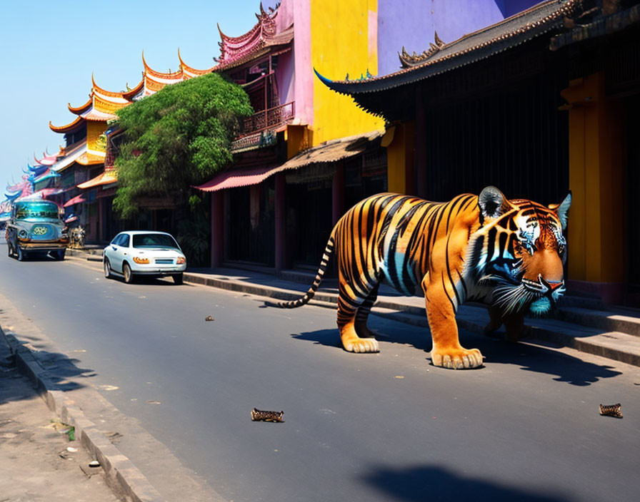 Colorful tiger with blue stripes in urban setting.