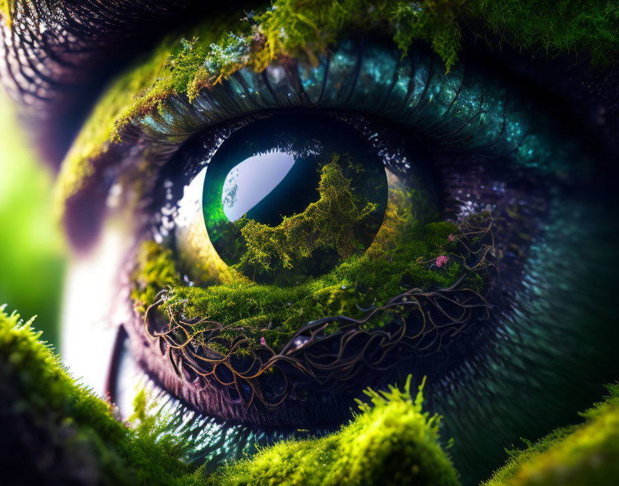 Macro Photography: Hyper-realistic eye with green moss, roots, and reflected landscape.