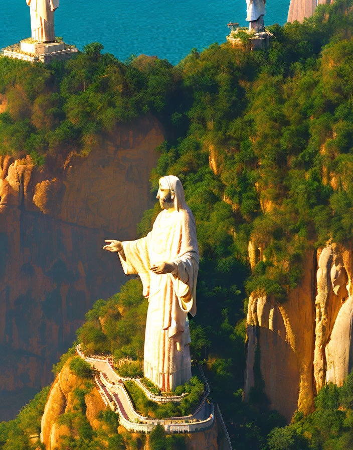 Towering Jesus Christ statue on cliffside overlooking lush greenery & sea