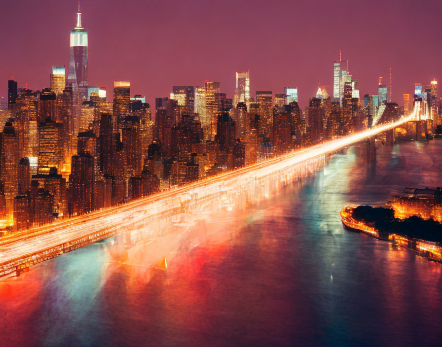 City skyline with illuminated skyscrapers and lit bridge at night