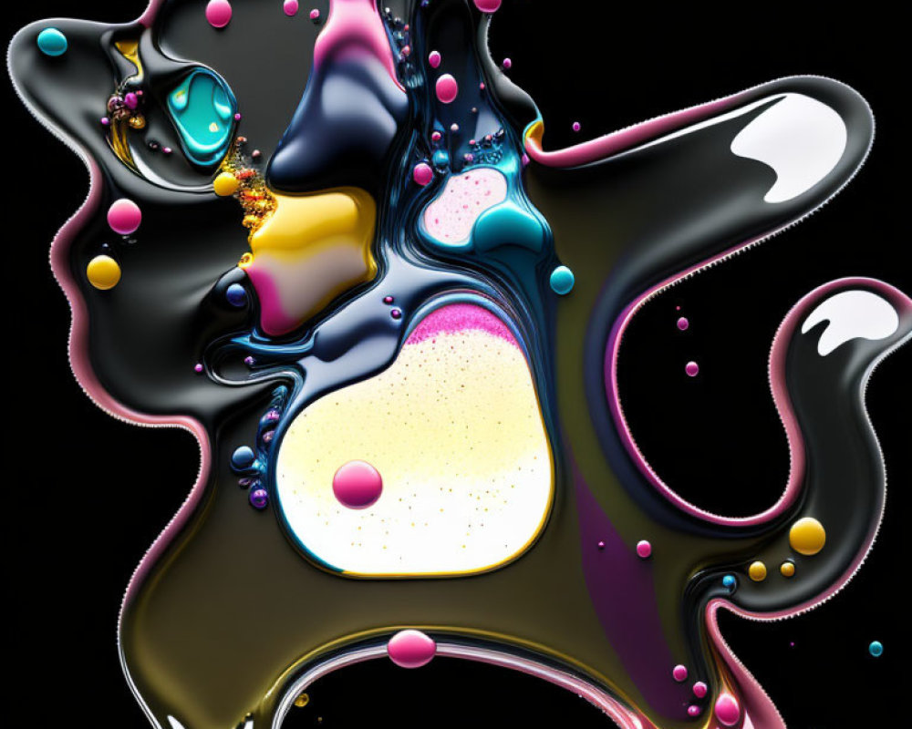 Colorful liquid swirls with floating droplets on dark background